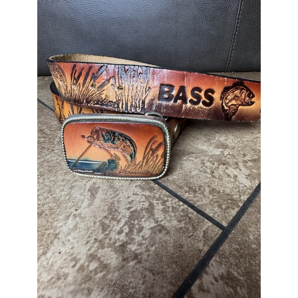 Vtg. Tooled Handcrafted Bass Fishing Belt &Buckle Cowhide leather Western USA